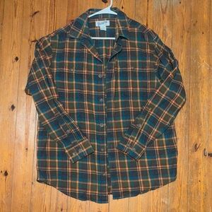 Duluth Trading Co Green & Brown Plaid Long-Sleeve Button Shirt